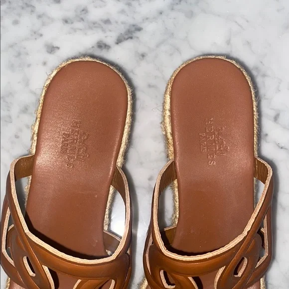 Hermes Brown Leather Sandals with Swirl Design